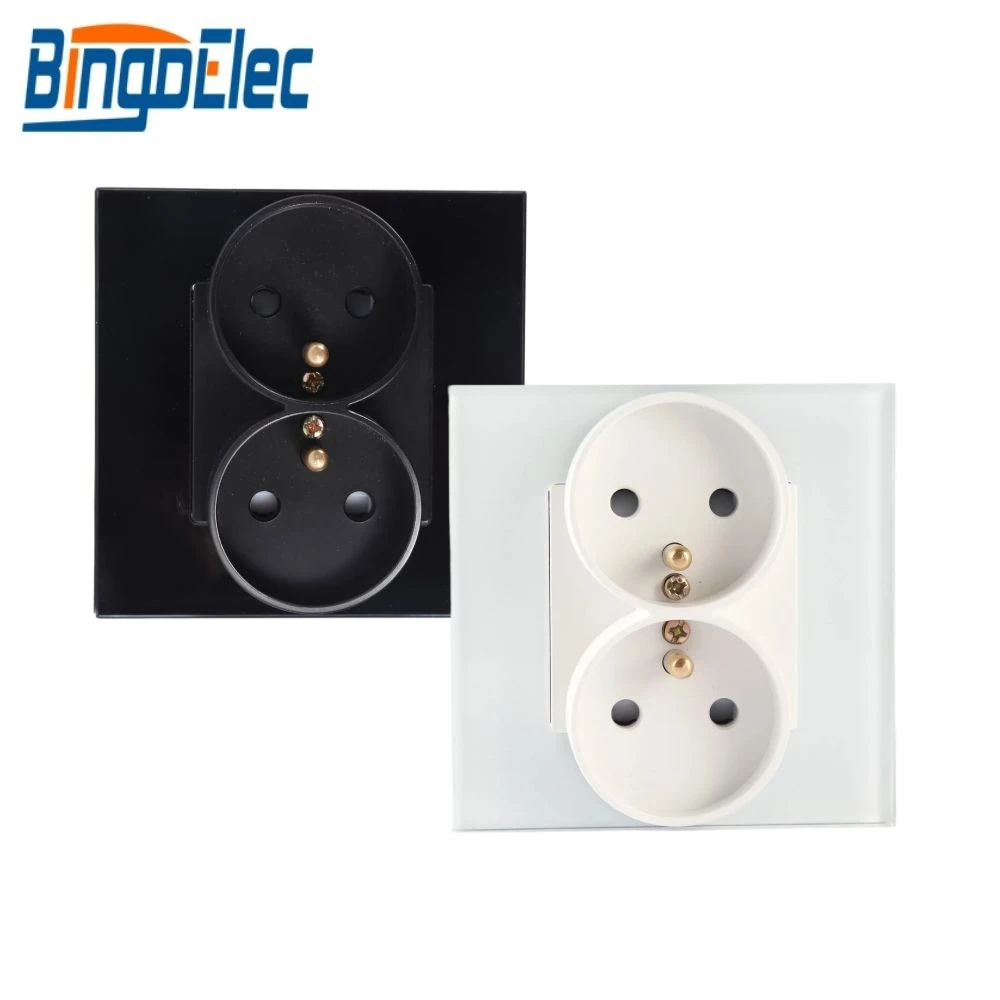 

Bingoelec Double head French E type Socket Safety Tempered Glass panel CE EU Standard 16A 110-250V Wall Power Socket 2 AC plug