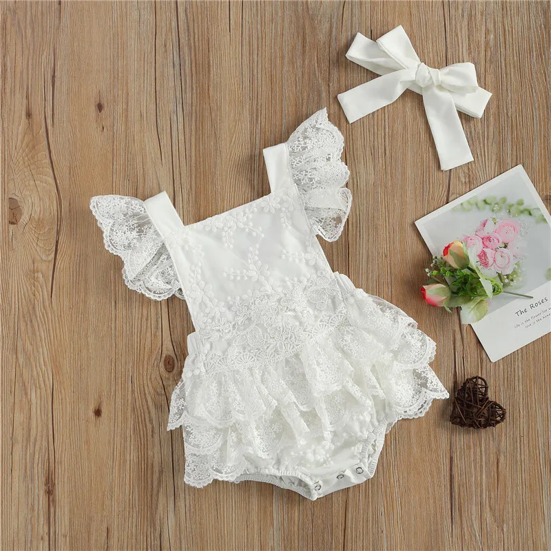 

Baby Girls Summer Solid Color Jumpsuit Cute Ruffle Sleeve Floral Lace Tutu Romper with Headband