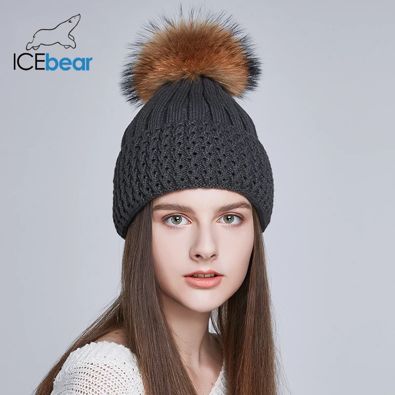ICEbear женские шапки на осень и зиму с натуральным мехом лисы/енота, модные женские шапки с помпоном, E-MX18102Q