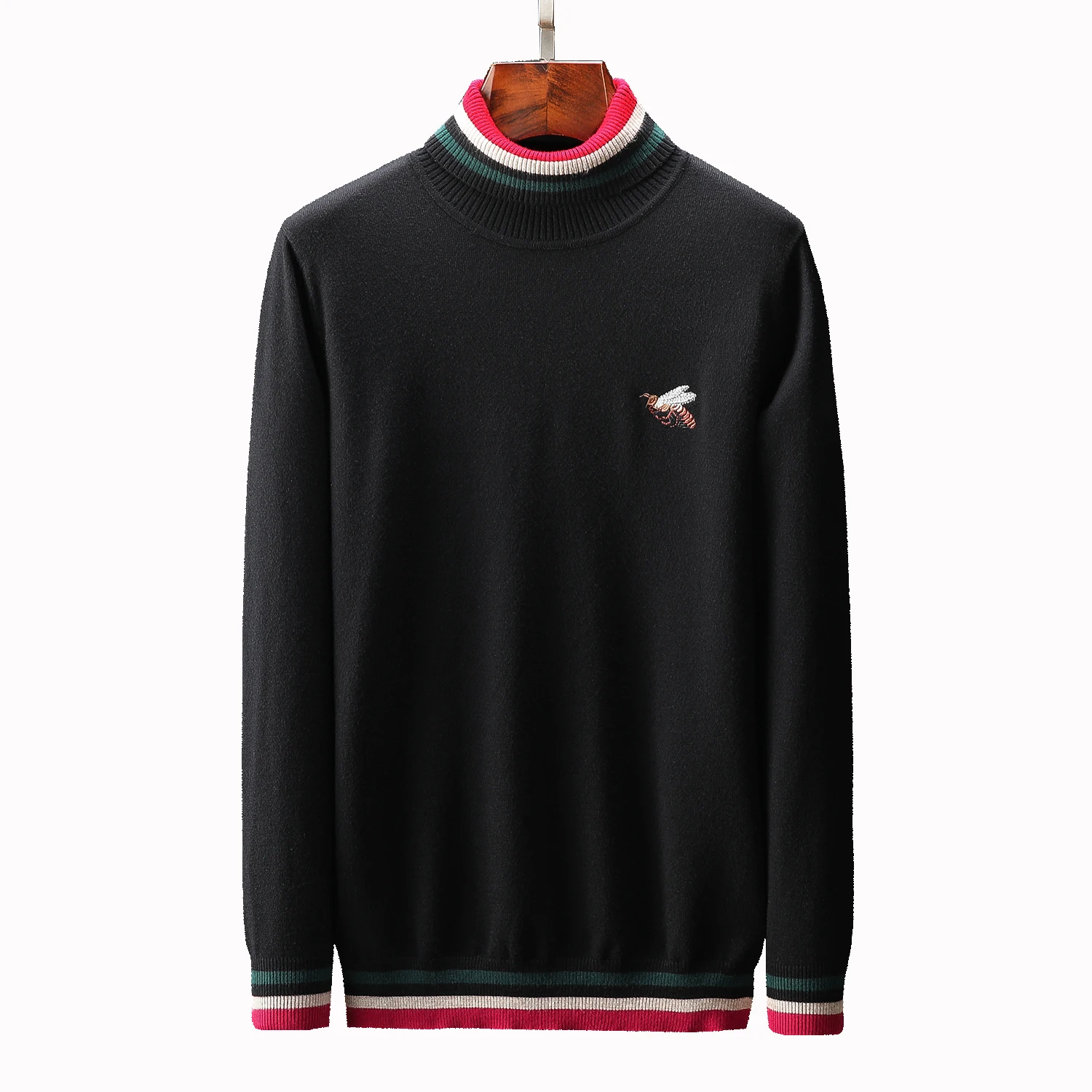 

Seestern brand new men's sweater embroidered bee fashion stripe high collar autumn winter casual warm sweater Pullovers