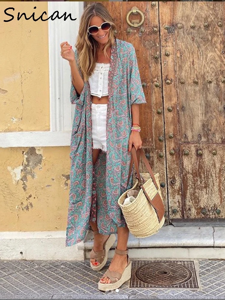 Богемное кимино платье Snican с цветочным принтом повседневные длинные платья