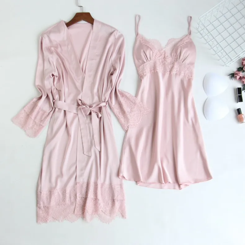 

2020 Spring Women Satin Silk Robe Gown Set Sleep Lounge Ladies Sexy Nightwear Pyjama Bathrobe+Nightdress With Chest Pads Pijama