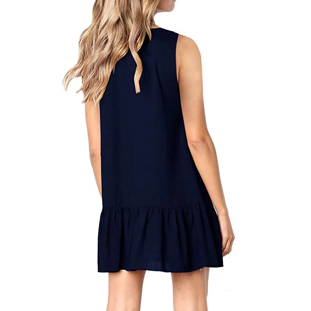 

Sexy Womens Fashion V Neck Button Pure Color Loose Summer Mini Short Dress