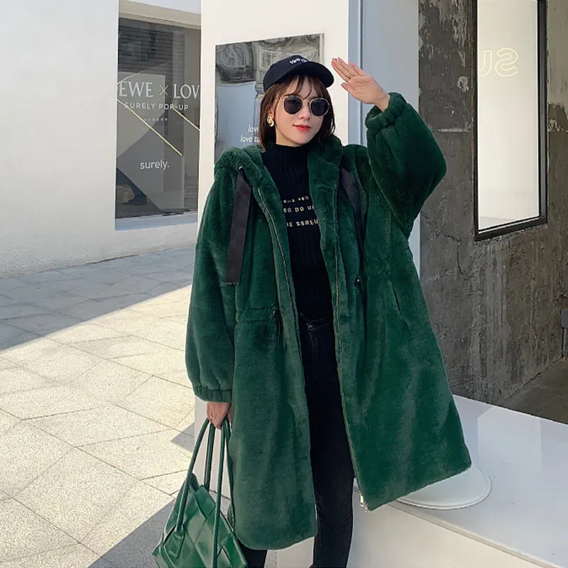 

Женская зимняя куртка с капюшоном, длинная толстая куртка из искусственного кроличьего меха на шнурке, Женское зимнее свободное теплое пал...