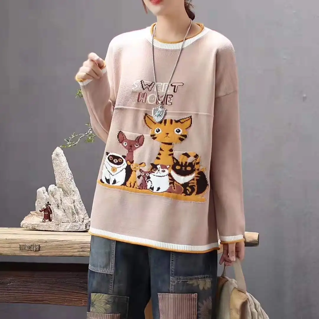 Женский вязаный свитер с круглым вырезом и длинными рукавами в стиле ретро