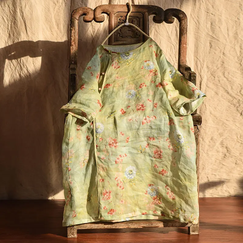 

Women Print Floral Long Shirts Ramie Chinese Style Blouses 2021 Summer Half Sleeve Button O-Neck Loose Shirts And Tops