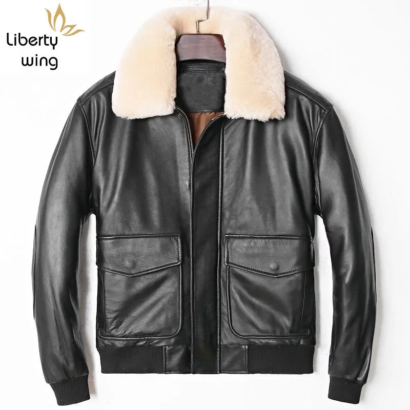 Мужская куртка Авиатор из натуральной овечьей кожи со съемной молнией и отложным