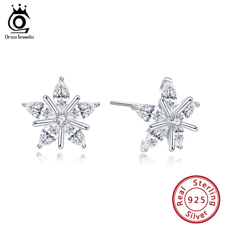ORSA JEWELS Настоящее S925 Снежинка серьги гвоздики Новые Рождественские тема милые трендовые стерлингового серебра циркония женские ювелирные изделия SE172