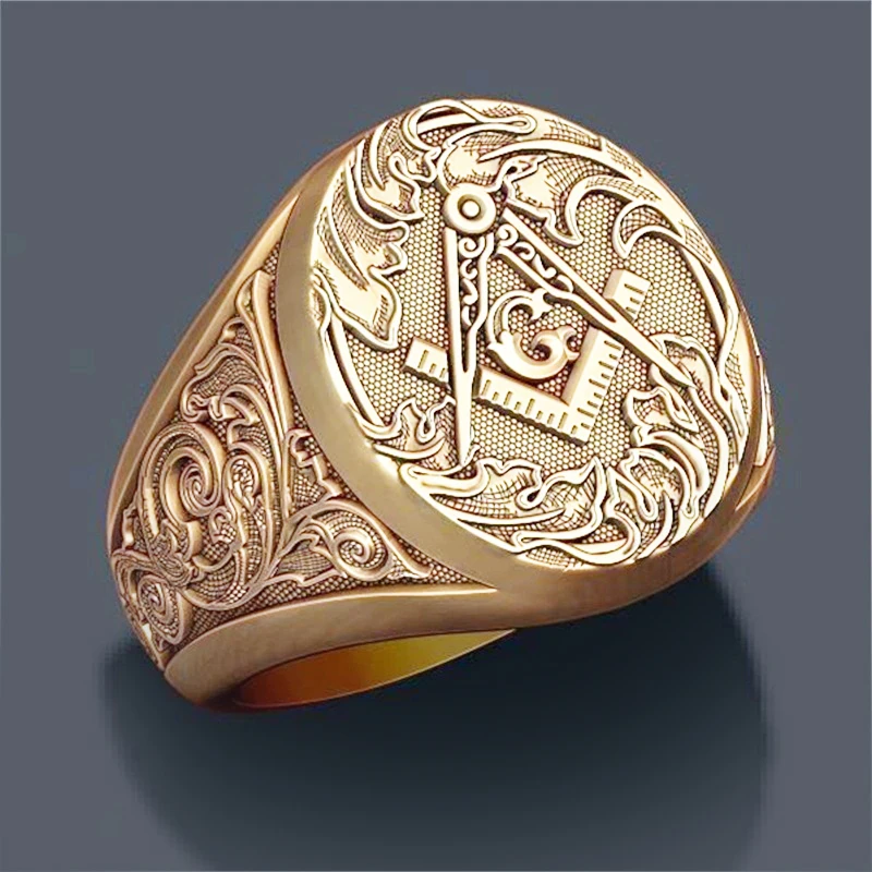 

Retro Masonic Men Ring Big Free Mason Freemasonry Masonic AG Retro Punk Gold Color Titanium Male Ring Jewelry Accessories