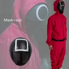 В наличии Лидер продаж ТВ кальмар игра охранник красный костюм маска набор с поясом Хэллоуин Вечеринка Косплей Костюм для взрослых детей в наличии