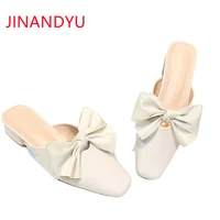 square toe women shoes low heel half slippers summer bow ladies shoes and sandals fashion woman slipper block heel mule femme