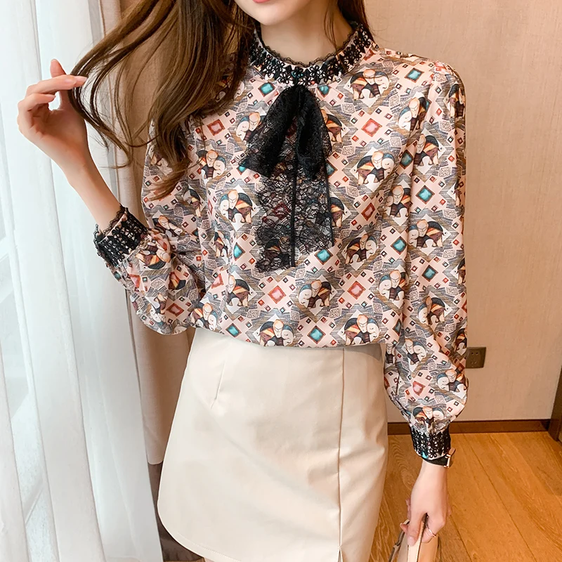 

Fashion Vintage Print Blouse Women 2021 Spring Long Sleeve Chiffon Shirt Female Lace Bow Ladies Tops