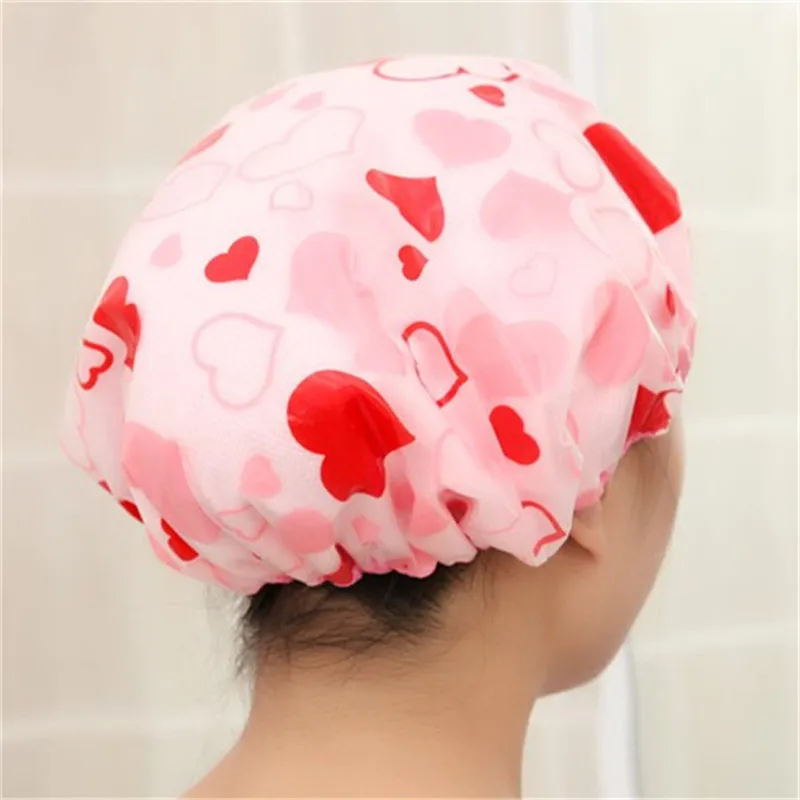 

Cute heart Print Elastic Shower Cap Thick Women Waterproof Shower Cap For Ladies Girl Hat Hair Bath Spa Shower Caps High Quality