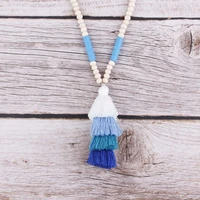 wood beads tassel necklace multilayer cotton tassel long chain pendnat tassel necklaces for woman