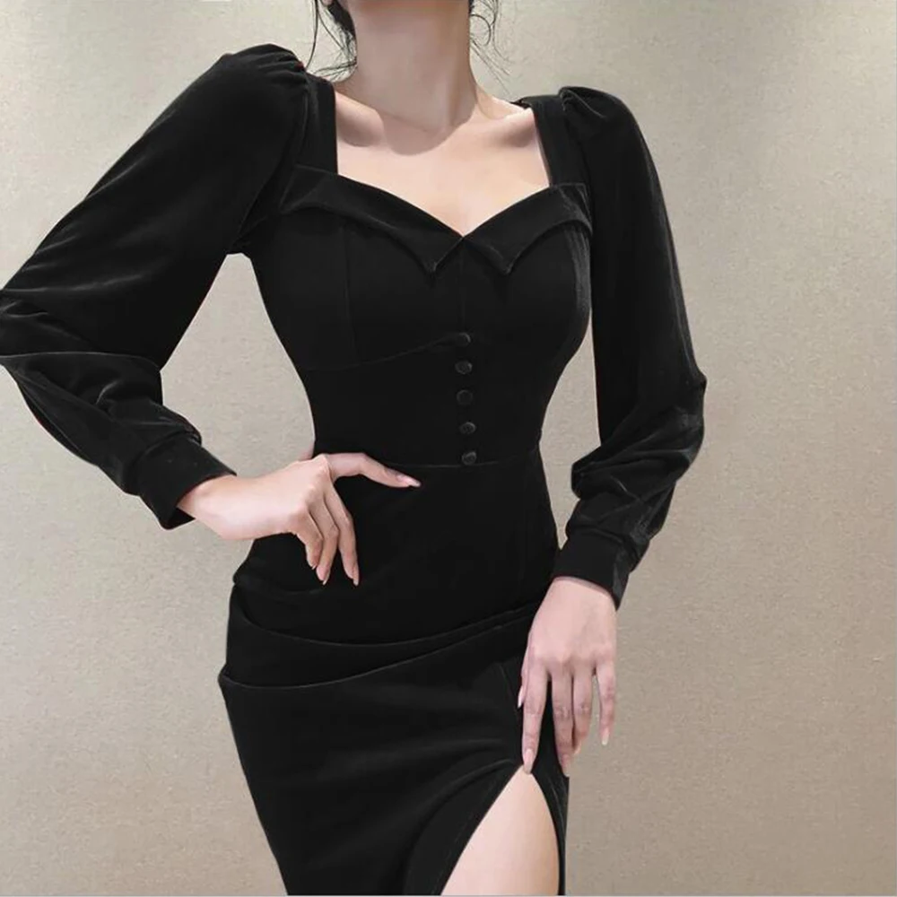 

Velvet Woman Dress 2021 Spring Elegant Sexy Square Collar Long Party Dress Casual Puff Sleeve Slim Solid Split Side Office Dress