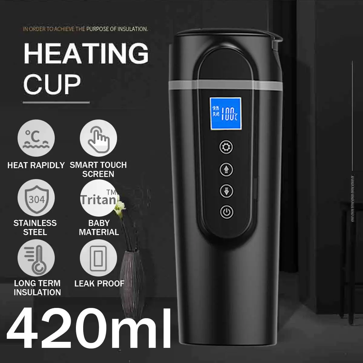 

420ml Stainless Steel Car Heating Cup LCD Display 12V/24V Electric Water Cup Portable Temperature Kettle Coffee Tea Milk Heated