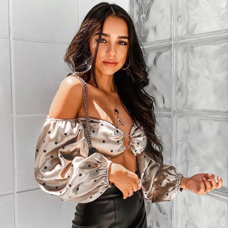 

Sexy Women Elegant Off shoulder Puff Long Sleeve Polka Dot Crop Top Shirt Short Blouse Bra Tops Evening Party Club Wear