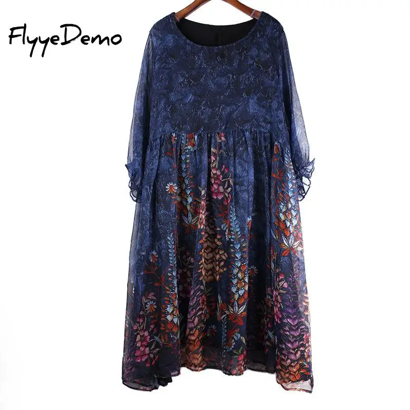 

Elegant Colorful Floral Printed Chiffon Knee Length Dress Free Loose Beach Wedding Long Flowy Dress with Sleeves High Quality