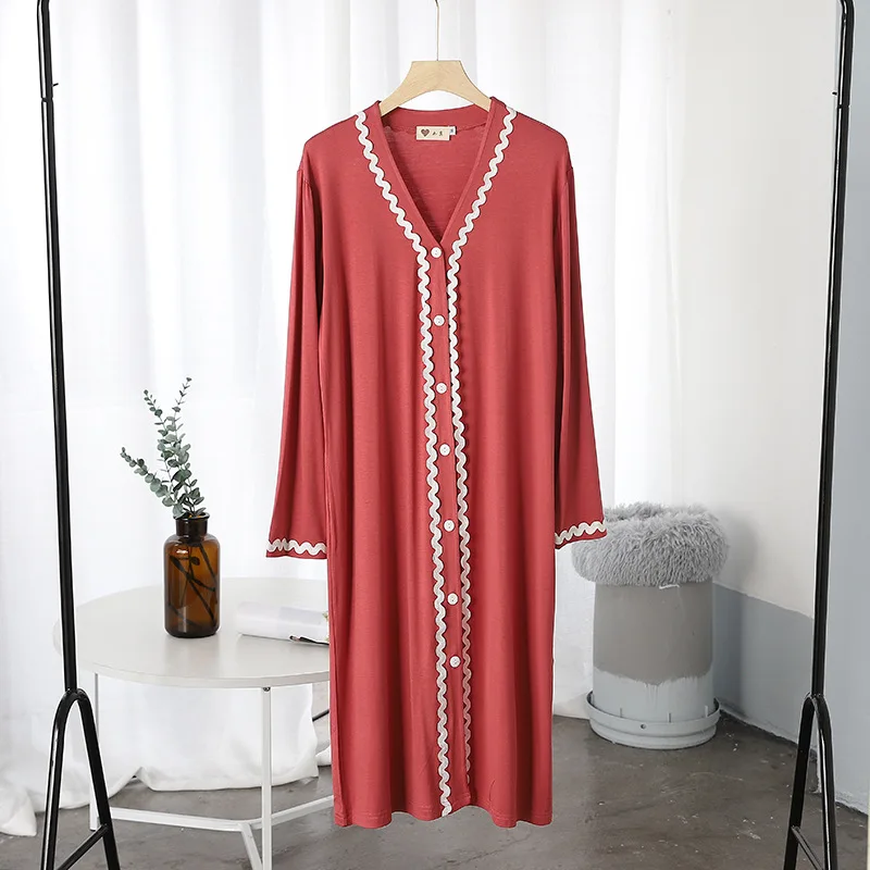 Spring Summer Modal Nightdress Cardigan Lace Long Sleeve Mid Length Dress Outer Wear Home Clothes Women's Nightwear Nightgowns