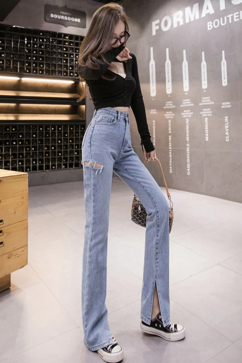 

Houthion New High Waist Women's Denim Jeans Summer Korean Casual Fork Pocket Fashion Solid Wide Leg Pants Split
