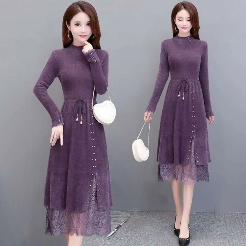

2021 Autumn Winter Women Long Sweater Pullovers Dress Female Slim Warm Knitted Sweaters Dresses Lady Elegant Solid Dress Z815