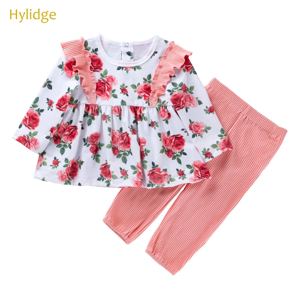 

Hylidge 2PCS/SET Pink Floral Newborn Baby Clothes Set Ruffle Lace Cotton Top Pants Set Long Sleeves Baby Girl Clothes Set 0-2Y