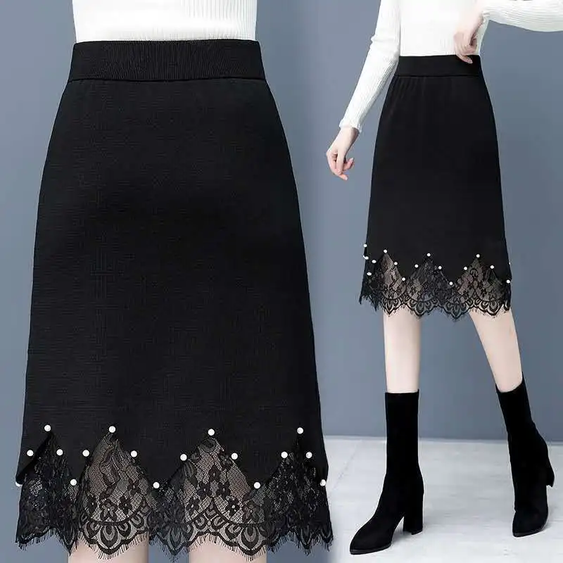 

2021 Autumn Winter Women New Vintage Lace Knitted Skirt Female Bodycon Slim Package Hip Skirt Lady Elastic High Waist Skirts Q98