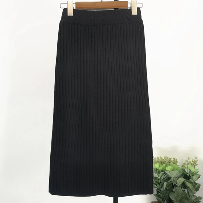 Black 63cm Женская Длинная трикотажная юбка осень зима женские плиссированные юбки миди макси тонкая облегающая юбка однотонная женская офисная одежда юбка - Цвет: Black 63cm