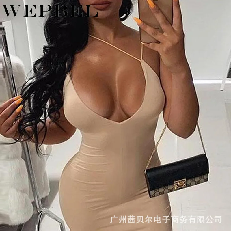 

WEPBEL Ladies Casual Sleeveless Slim Fit Halter Bodycon Dress Women Summer Sexy Deep V Neck Dress