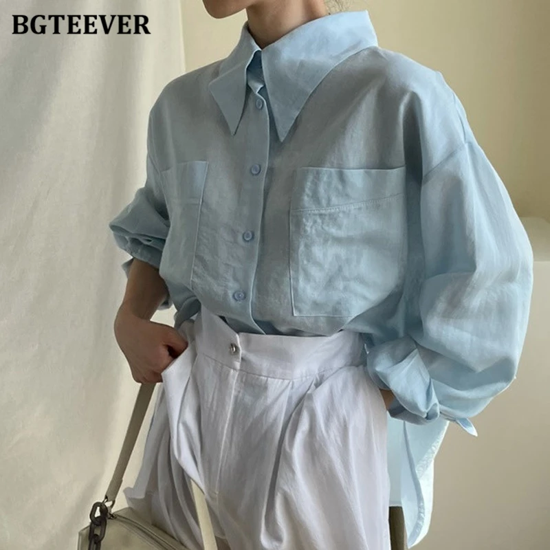 

BGTEEVER Casual Turn-down Collar Women Solid Shirts Blouses 2021 Autumn Long Sleeve Pockets Loose Single-breasted Female Tops