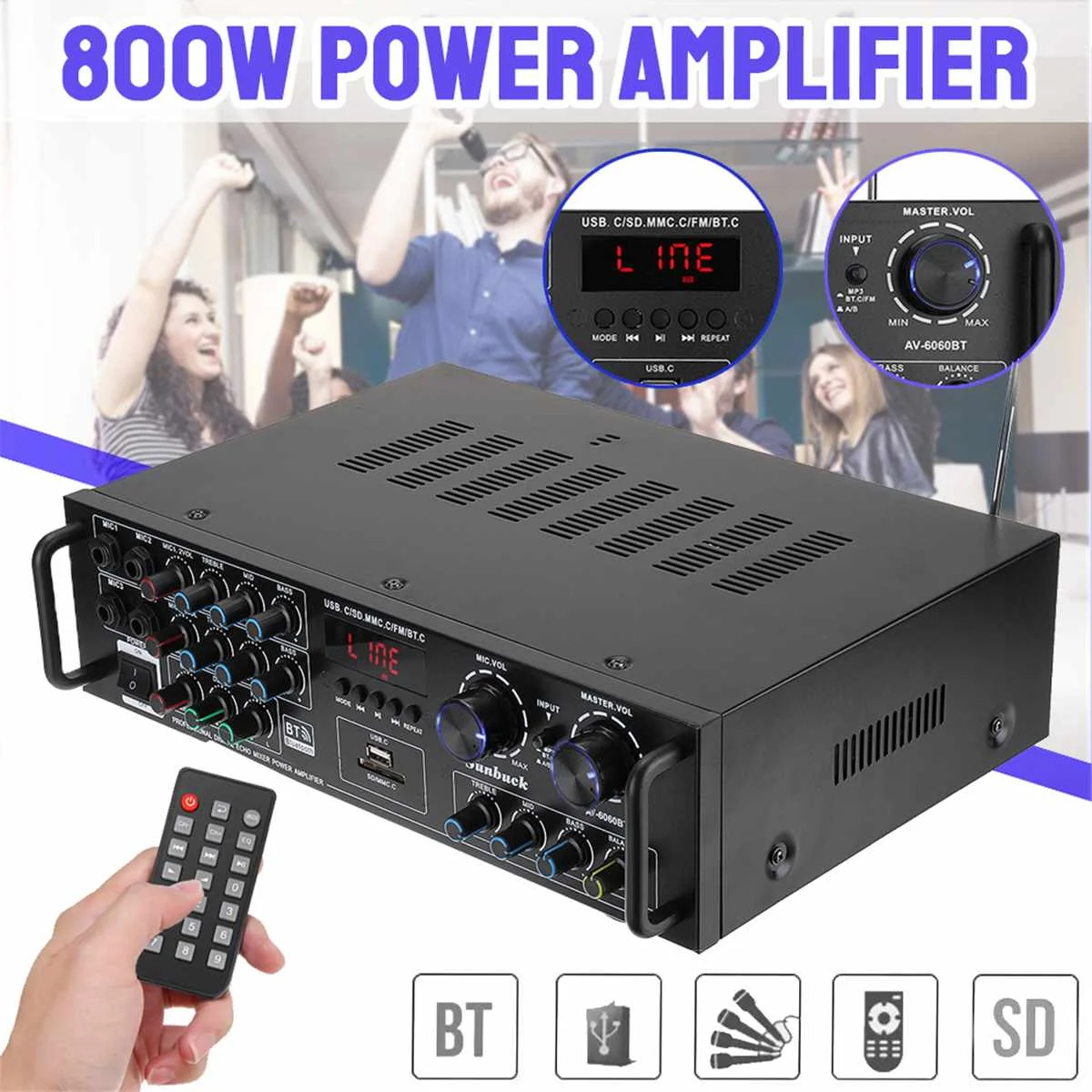 

AV-6060BT 800W Bluetooth 5,0 аудио домашний Hi-Fi цифровой усилитель мощности, автомобильный стереоусилитель, караоке, профессиональный усилитель, сабвуф...