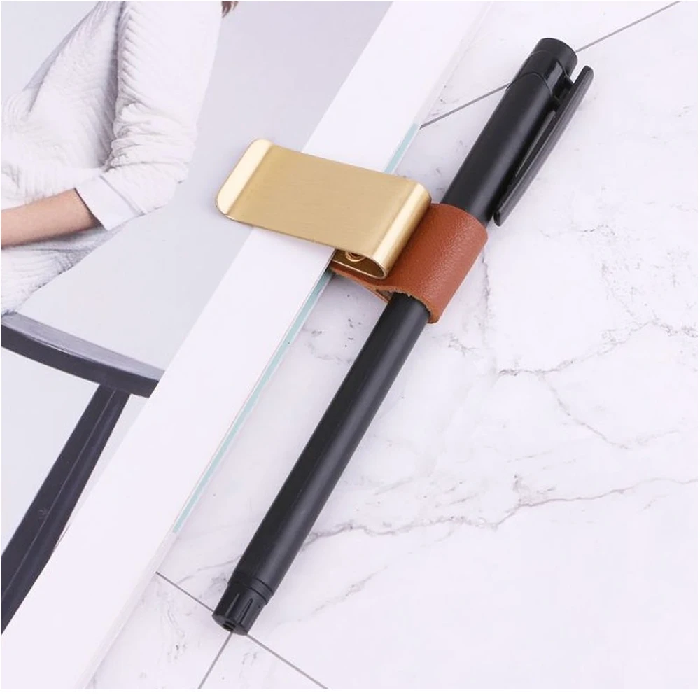 

2022 new Pen Loop For Notebook Retro Leather Journal Notebook Pencil Holder Bookmark With Metal Clip Metal pen with leather