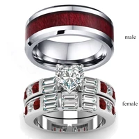 brown red wood grain rhinestone couple pair ring bohemian style ring set engagement wedding gift 2019