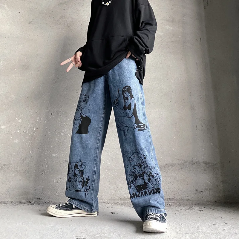 DIMI Baggy Streetwear Cotton Fashion Loose Wide Leg Pants Washed Jeans Men Harajuku Anime Print