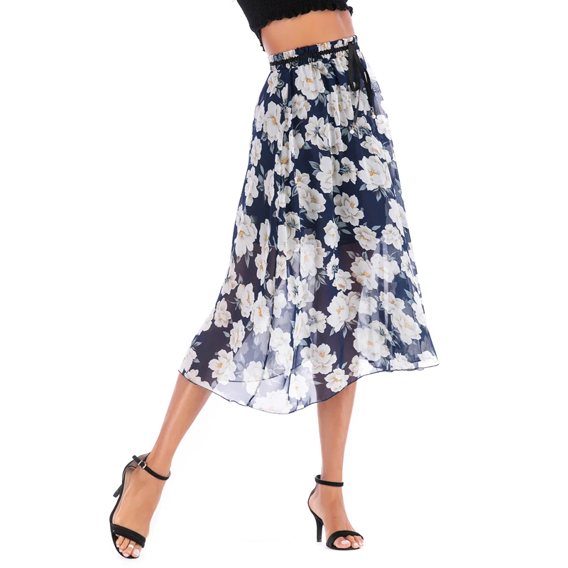 

Брендовая юбка с принтом, легкая ткань, шифоновая летняя одежда, пляжные богемные юбки Saia, женские повседневные юбки с естественной талией и пикантным принтом