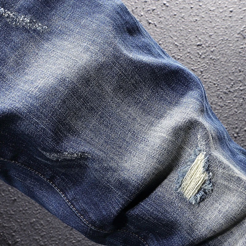 Italian Style Fashion Men Jeans High Quality Retro Blue Slim Ripped Jeans Men Vintage Designer Frayed Hole Casual Denim Pants