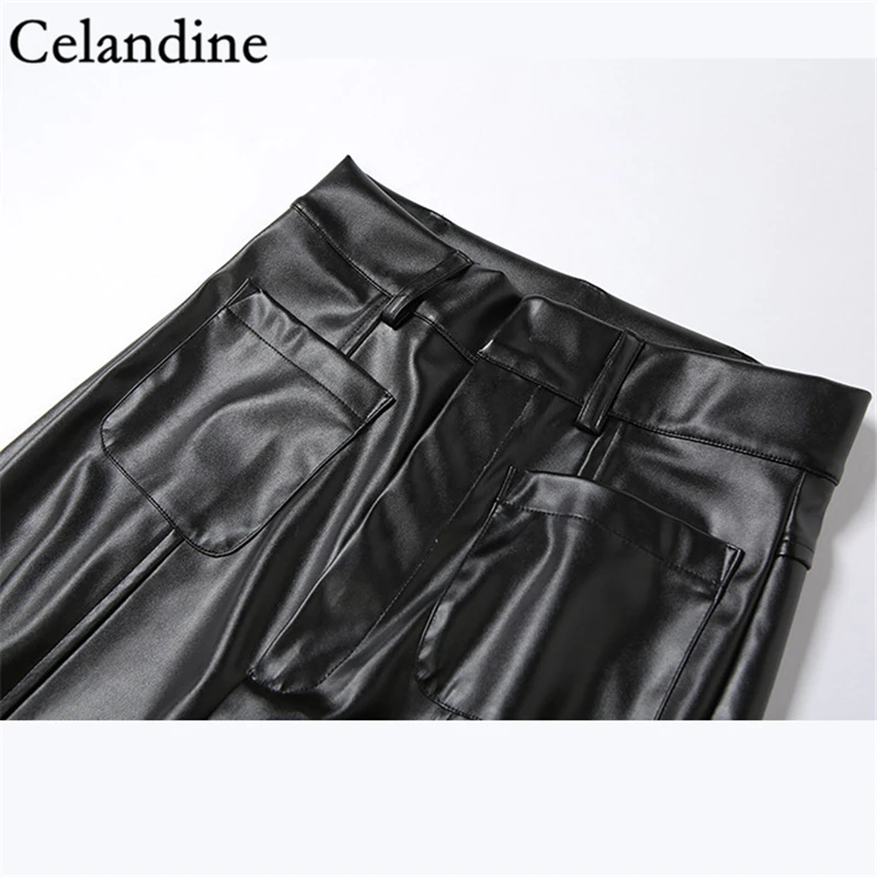 

Celandine Autumn Winter Black Y2K PU Leather Pants Women Fashion High Waist Trousers Zipper Casual Joggers Streetwear 2020