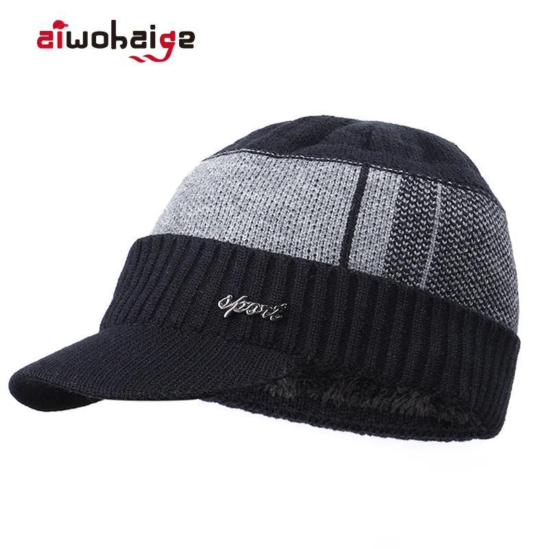 

2022 Высококачественная зимняя мужская теплая вязаная шапка с толстой подкладкой плюс бархатная Повседневная шапка с козырьком мужская хлоп...