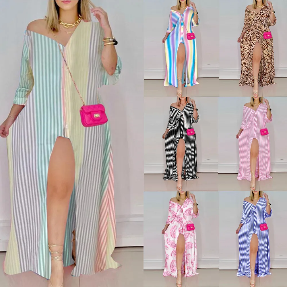 

Kiss Me New Boho Single Breasted Button Irregular Long Dress For Women Sexy Deep V Collar Print Stripe Maxi Dress Femme Vestidos