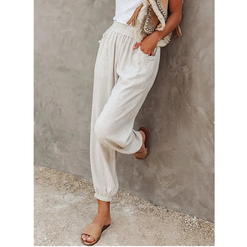 

spring and summer new fashion women's mid-waist waist ankle pants loose solid pockets ladies tie foot pants casual pants