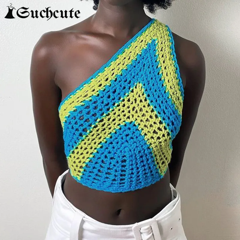 

SUCHCUTE Vintage Patchwork Fashion Knitted Tops Summer Sexy Backless Lace Up Women Camisole Streetwear One Shoulder Crop Top