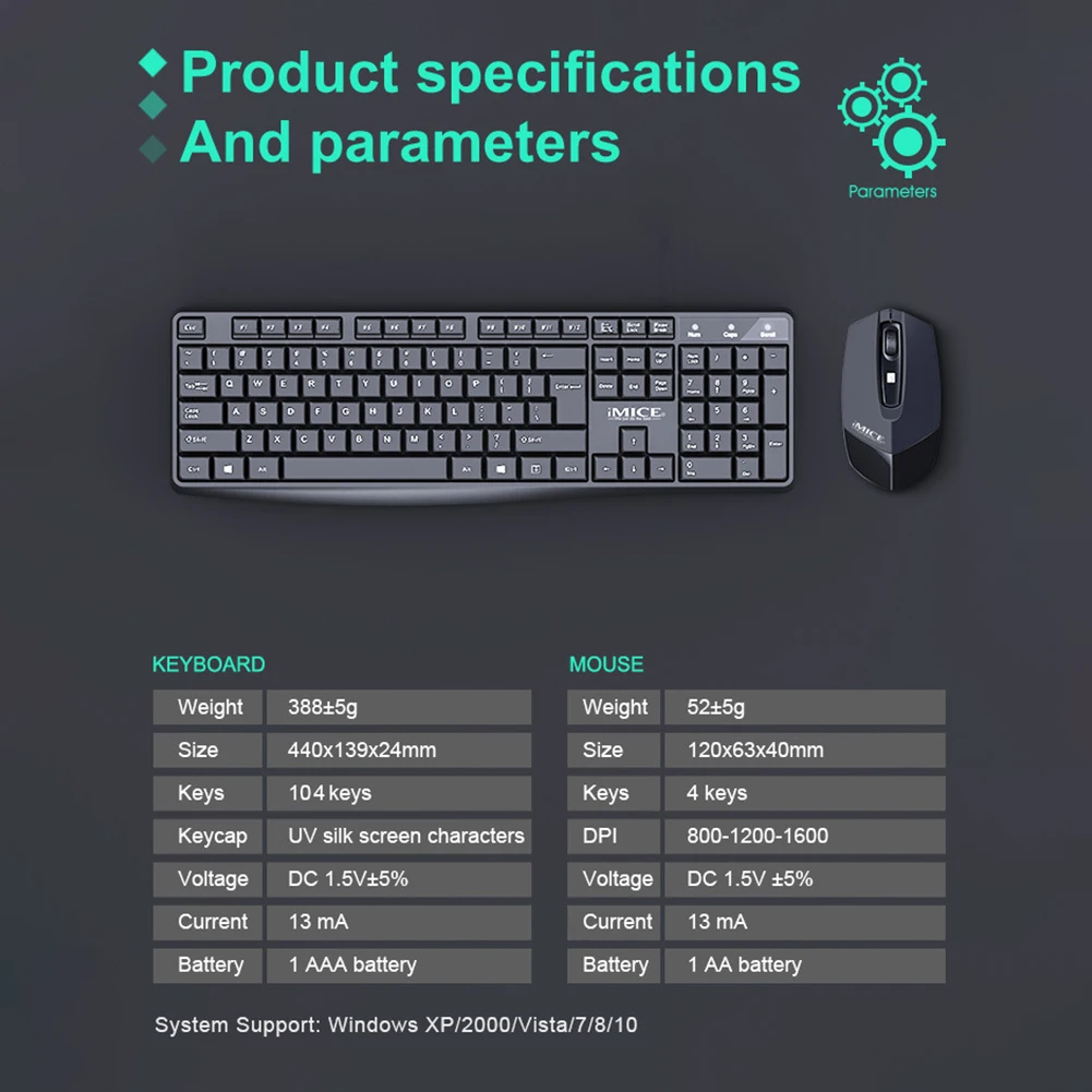 

IMICE AN-100 104 Keys Angle Adjustable Ergonomic USB Wireless Gaming Keyboard Mouse Kit for Home Office School Wireless Keyboard