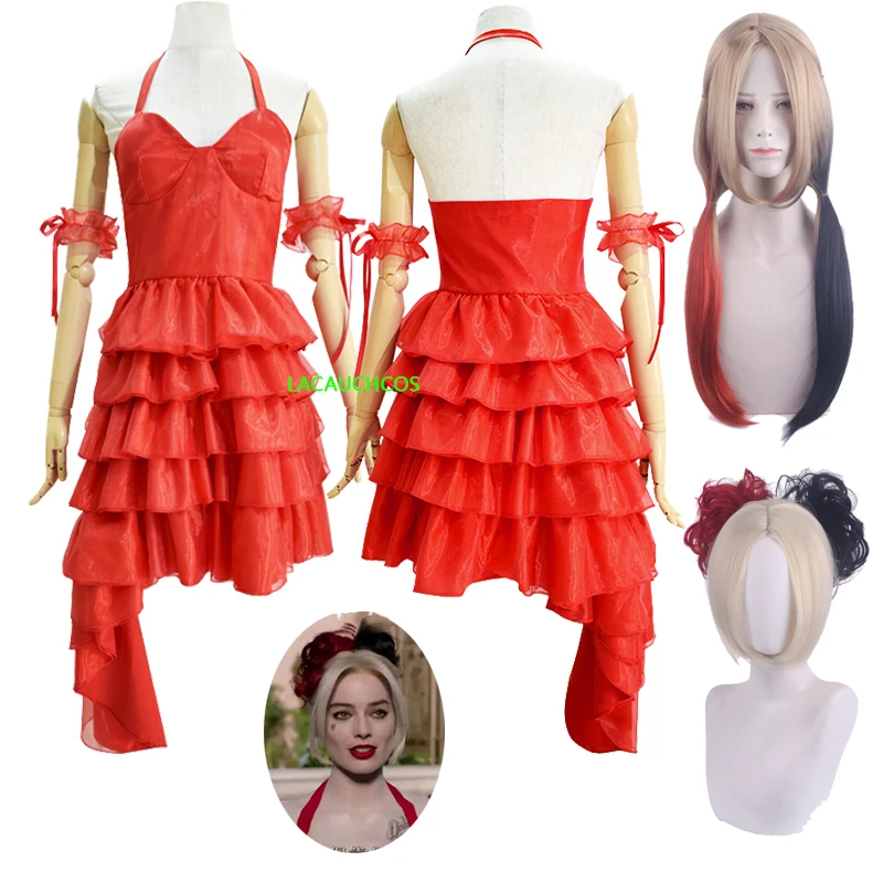 NEW Clown Harley Cosplay Costumes Red Dress Girl Sling Dresses  joker Woman Quinn Cosplay Wig halloween Sexy Skirt Anime clothes