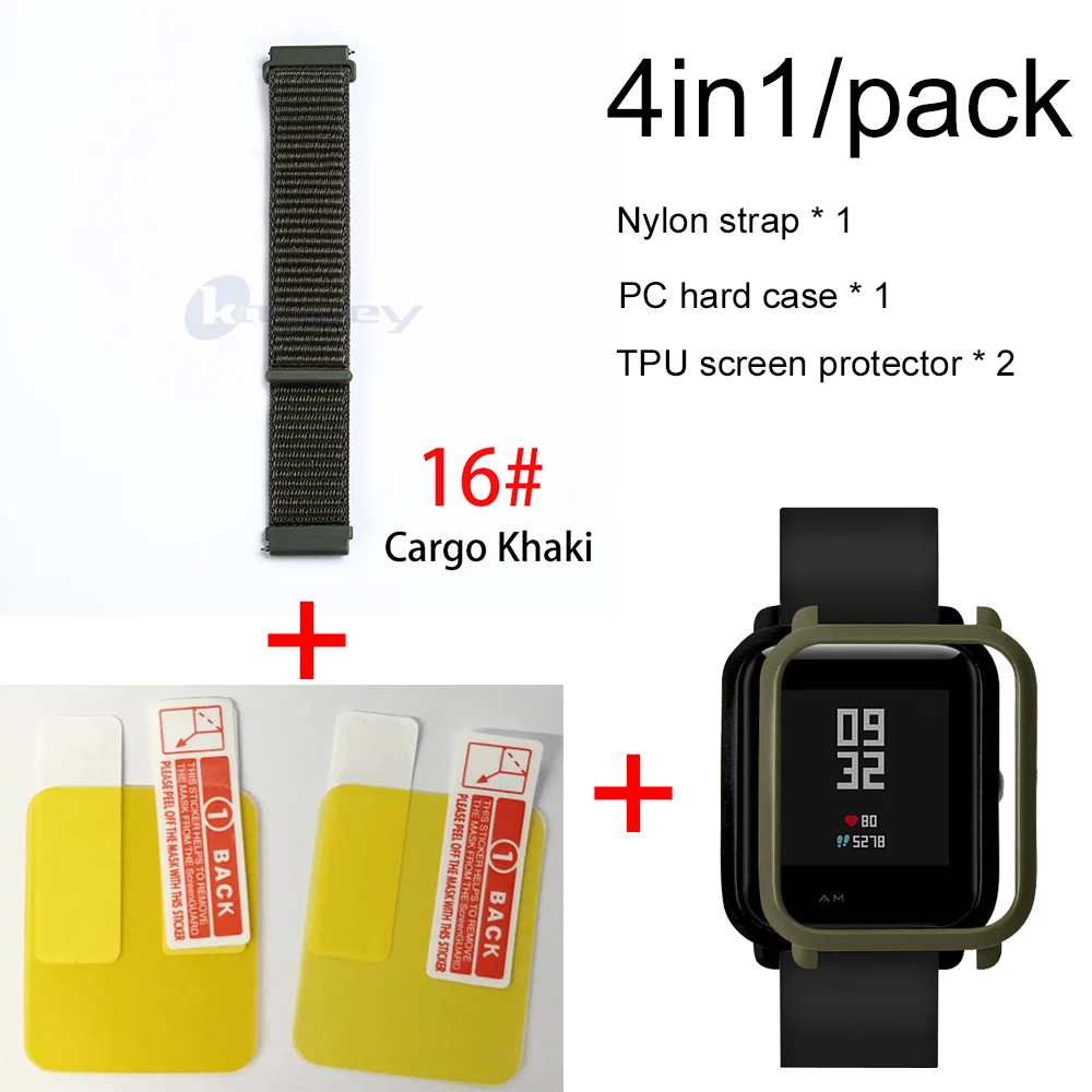 16-Army Green case 4в1 для Xiaomi Huami Amazfit ремешок bip браслет нейлоновая петля Smartwatch Браслет amazfit bip чехол с защитой экрана - Цвет: 16-Army Green case