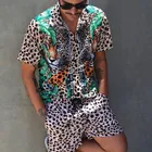Мужской комплект из 2 предметов, рубашка с коротким рукавом и отложным воротником, пляжные шорты, гавайский костюм в уличном стиле, с леопардовым принтом, размеры до 3XL, лето 2021