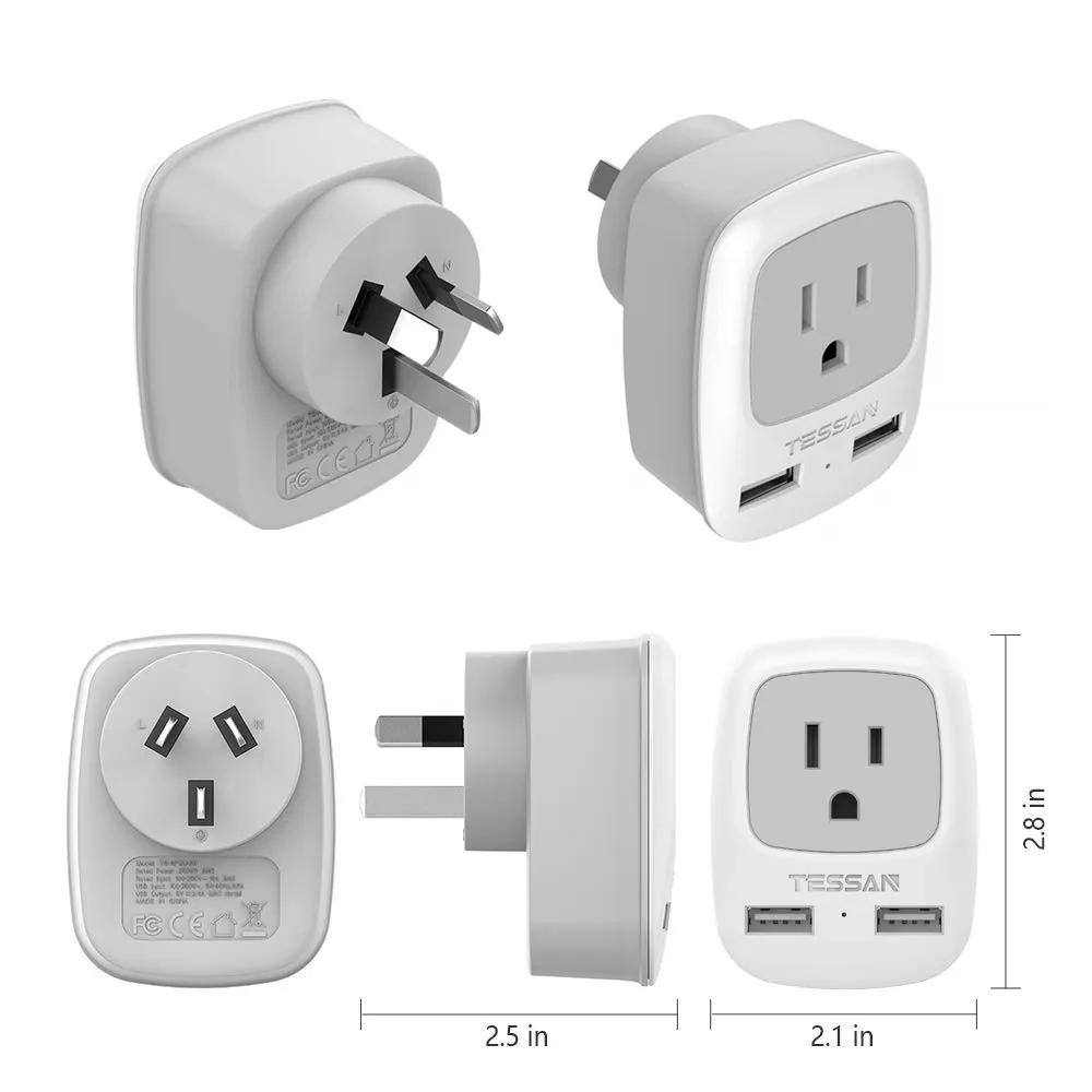 Мини адаптер с 2 портами USB для США в Австралию Китай Новая Зеландия