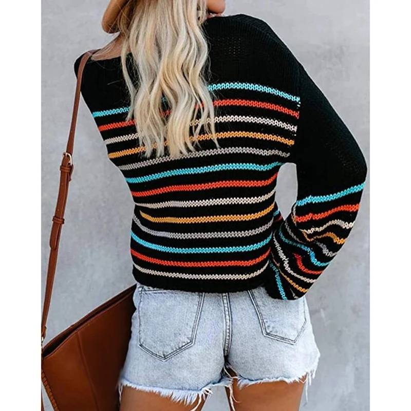 

Sweater Womens Rainbow Striped Pullover Sweaters Loose Knit Crop Tops Hollow Sweater Autumn