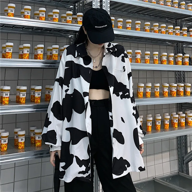 Cow Print Women Blouses Korean Style Fashion Spring 2021 Button Up Shirt Loose Long Sleeve Women Shirt Leisure Tops New