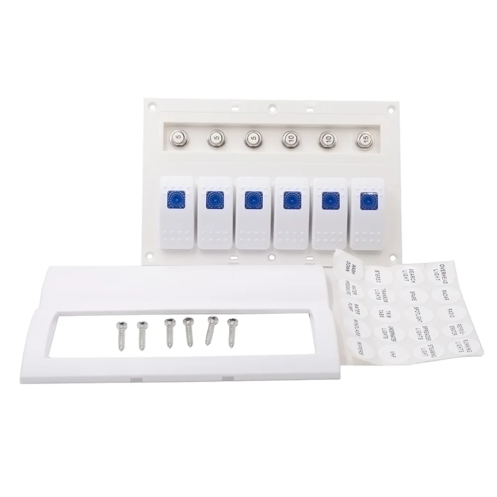 

Waterproof White Switch Panel 6 Gang Blue LED Rocker Circuit Breaker for Boat RVs