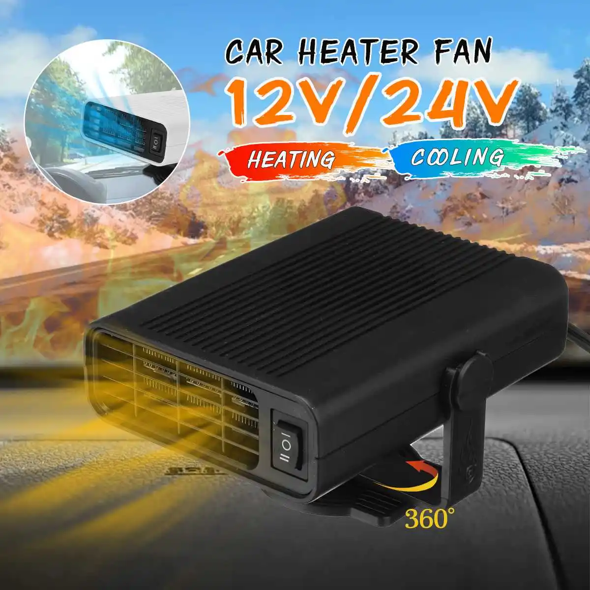 

Portable 800W 12/24V Auto Car Heater Defroster Demister Electric Heater Windshield 360 Degree Rotation ABS Heating Cooling Fan
